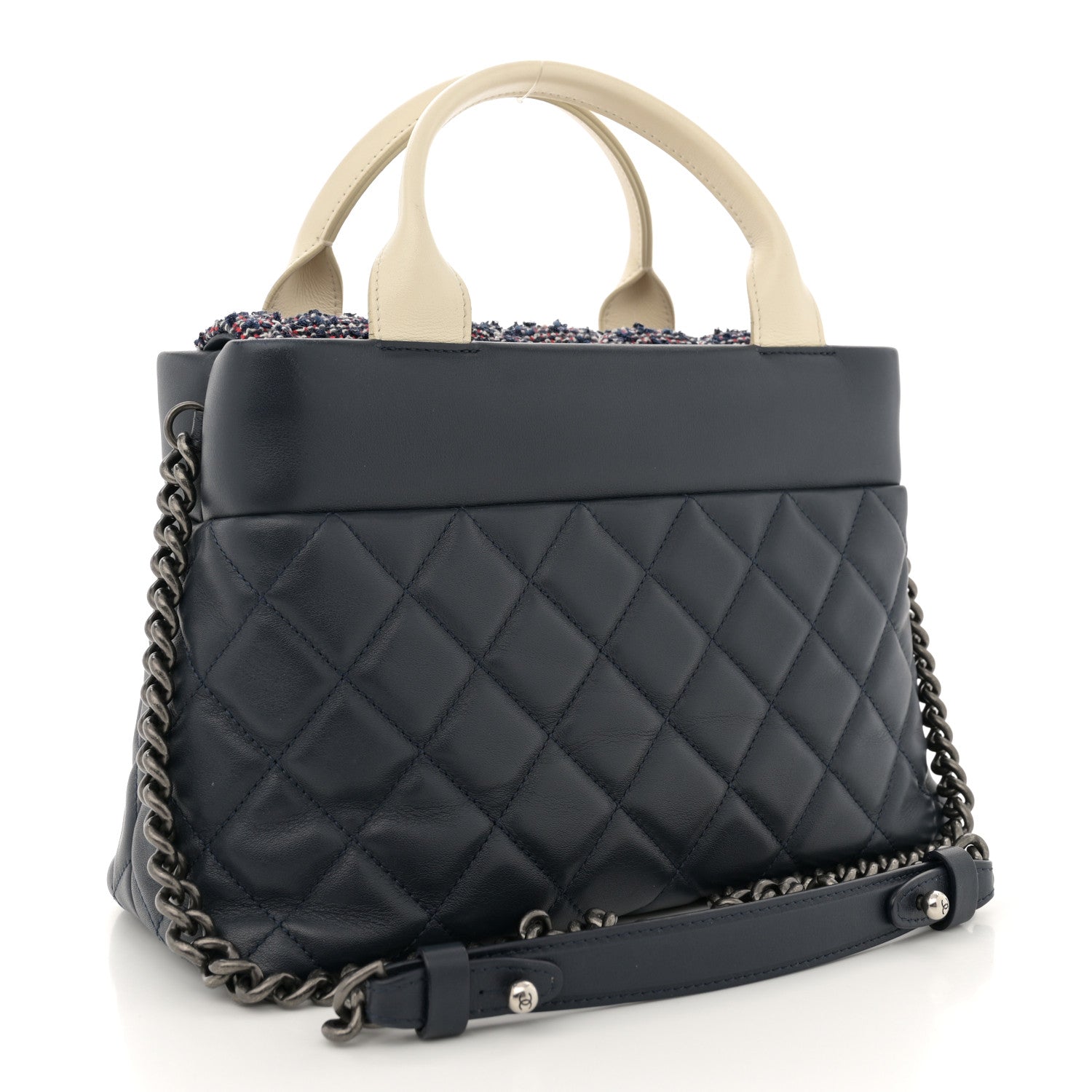 Chanel Calfskin Tweed Quilted Small Tote Navy Multicolor 3 of 13