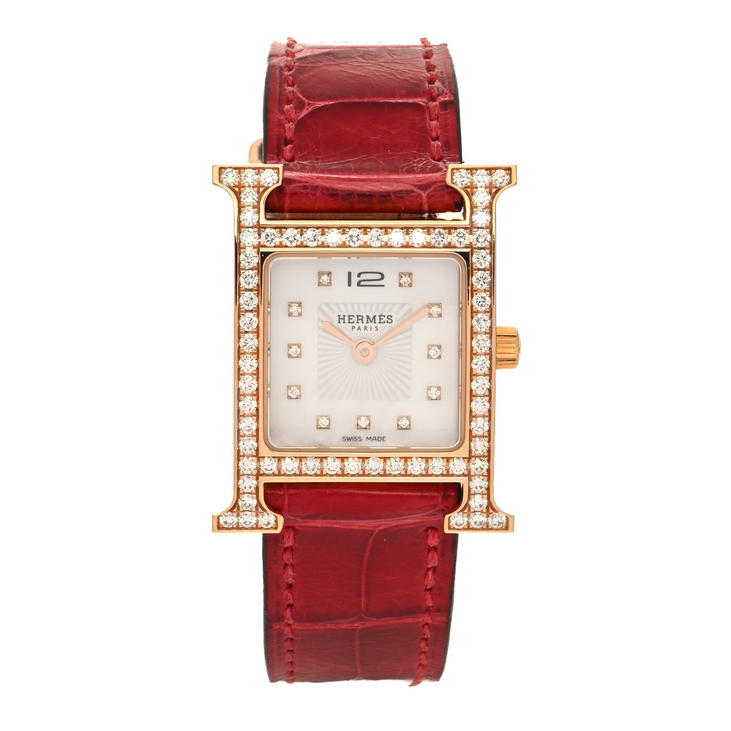 18K Rose Gold Alligator Diamond Bezel Mother of Pearl 21mm Heure H Hour Quartz Watch Braise