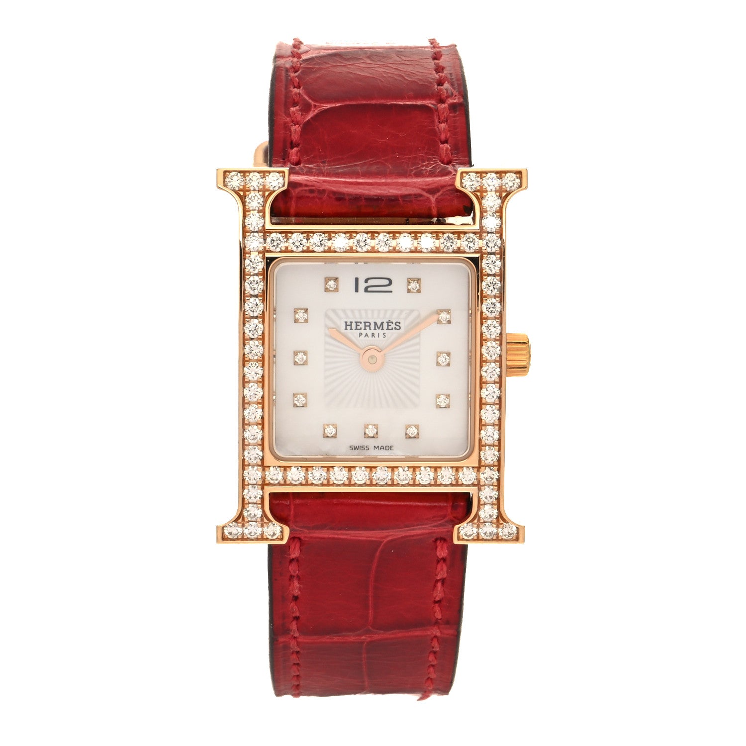 Hermes 18K Rose Gold Alligator Diamond Bezel Mother of Pearl 21mm Heure H Hour Quartz Watch Braise 1 of 5