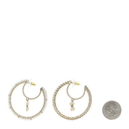 Chanel Crystal Pearl CC Drop Hoop Earrings Gold Pearly White 2 of 5