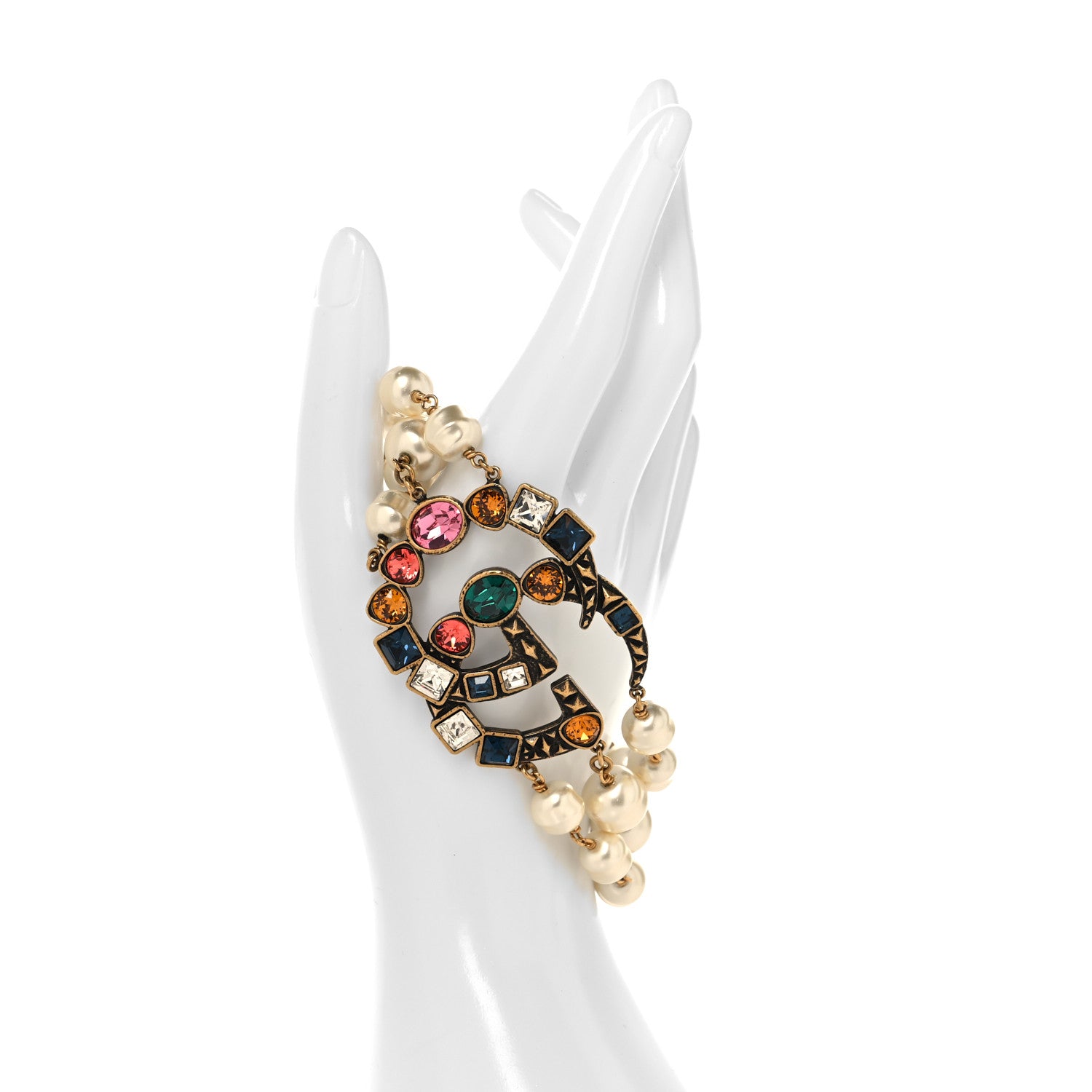 Gucci Metal Crystal Pearl Double G Bracelet Aged Gold Multicolor 5 of 8