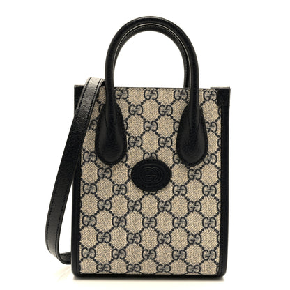 Gucci GG Supreme Monogram Textured Dollar Calfskin Mini Retro Interlocking G Tote Bag Beige Blue 1 of 11
