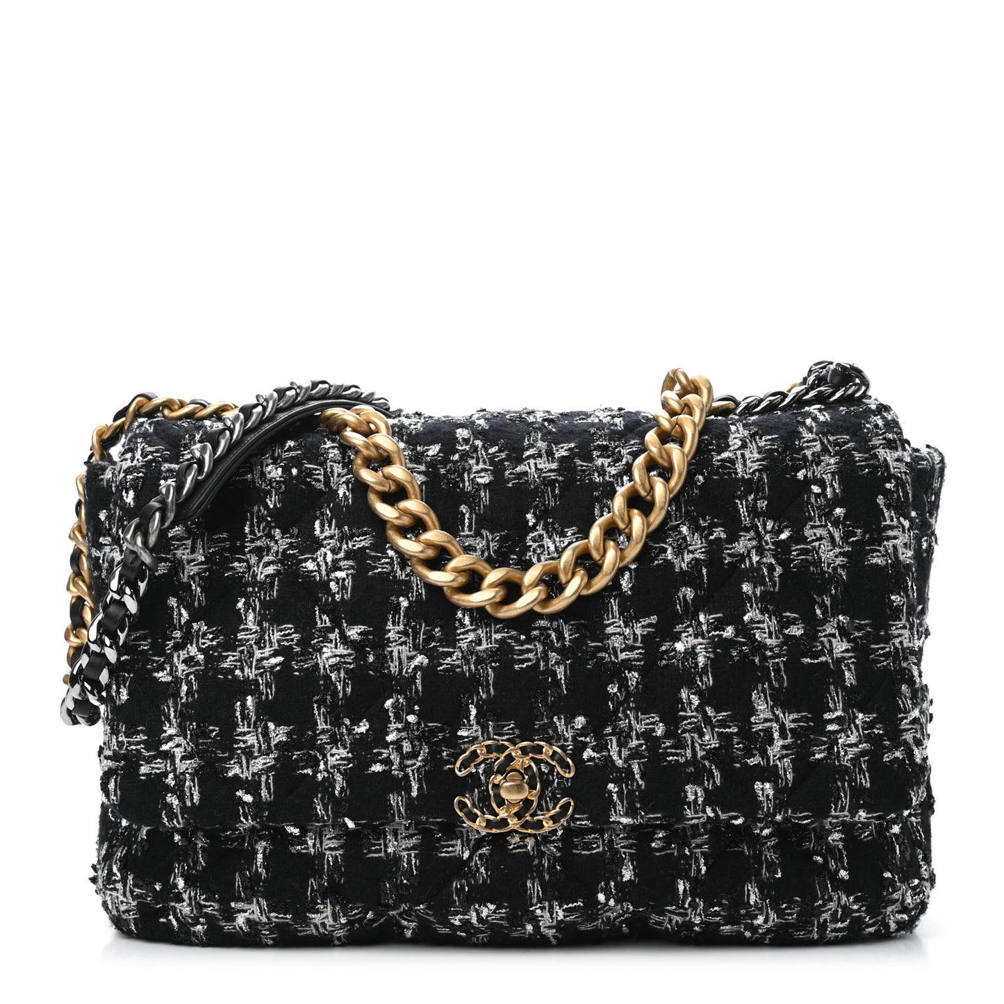 Tweed Quilted Maxi Chanel 19 Flap Black Silver Ecru