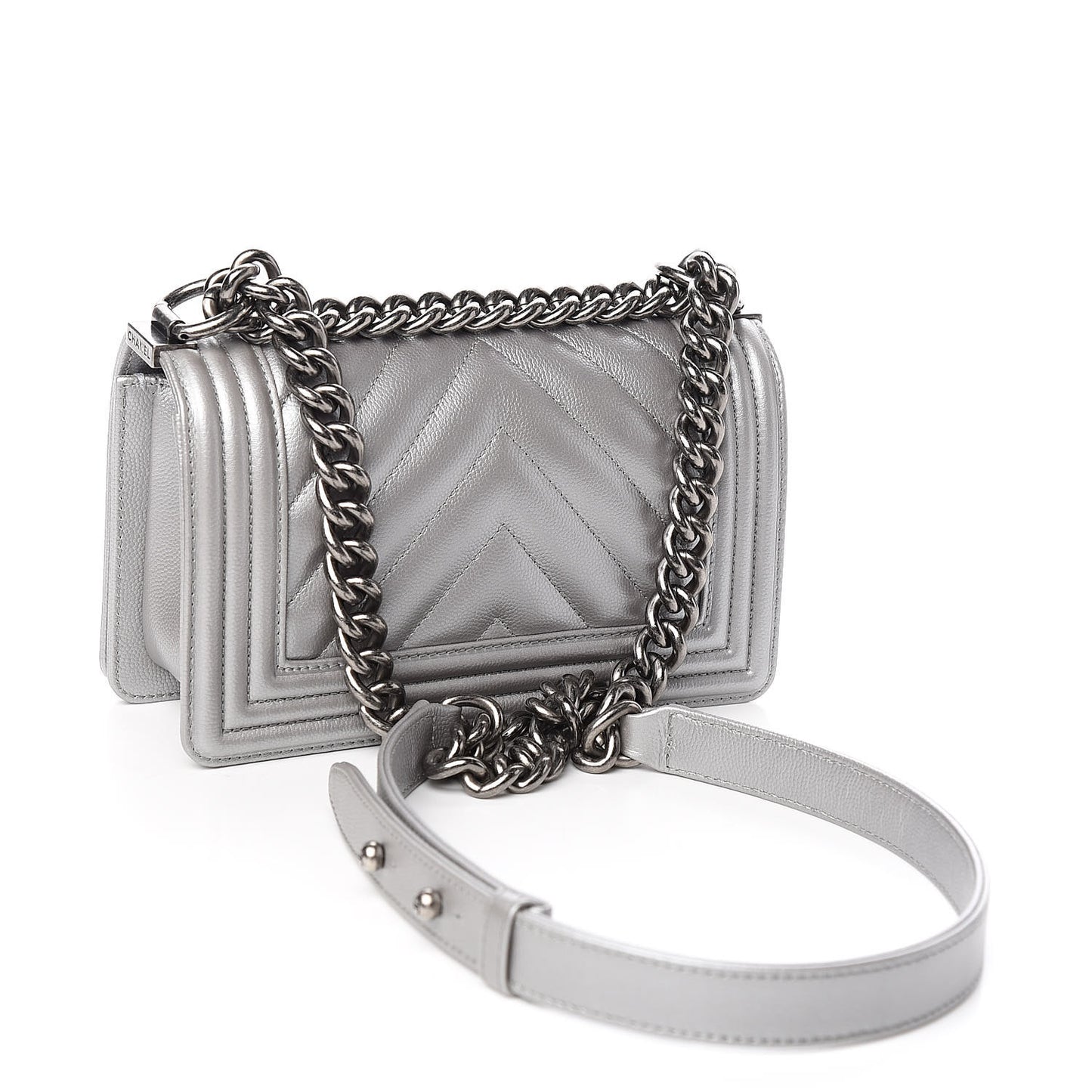 Metallic Caviar Chevron Quilted Small Boy Flap Silver