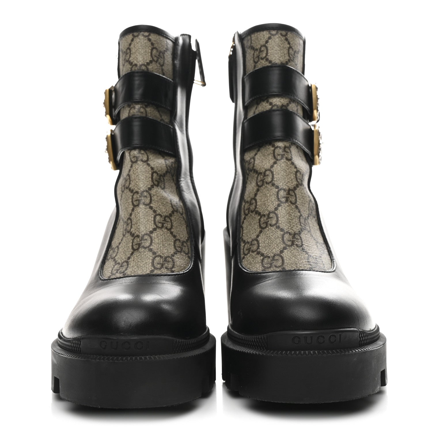 Gucci Kensington Calfskin Nappa GG Supreme Monogram Womens Double Buckle Ankle Boots 39 Black 5 of 10
