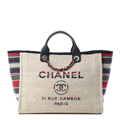 Chanel Striped Canvas Medium Deauville Tote Beige 1 of 5