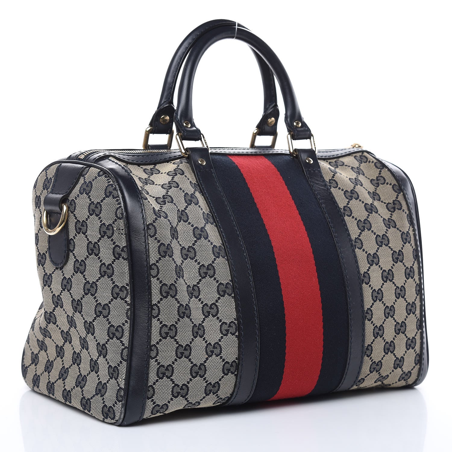 Gucci Monogram Selleria Calfskin Vintage Web Medium Boston Beige Blue 3 of 19