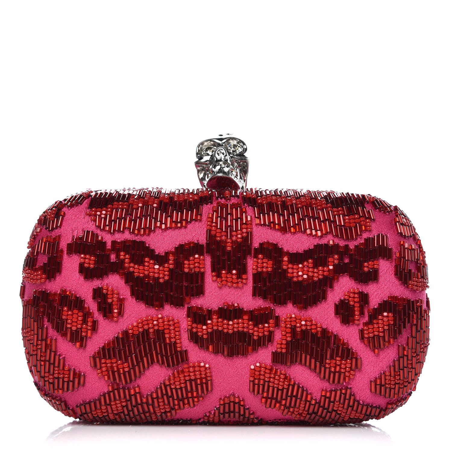 Alexander McQueen Satin Beaded Leopard Skull Box Clutch Red Pink 1 of 10