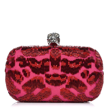 Alexander McQueen Satin Beaded Leopard Skull Box Clutch Red Pink 1 of 10