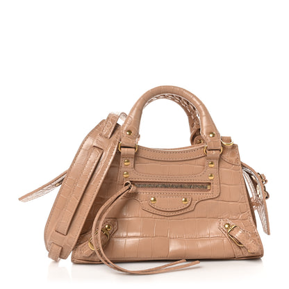 Balenciaga Shiny Supple Calfskin Crocodile Embossed Neo Classic Gold Hardware Mini City Nude Beige 1 of 10