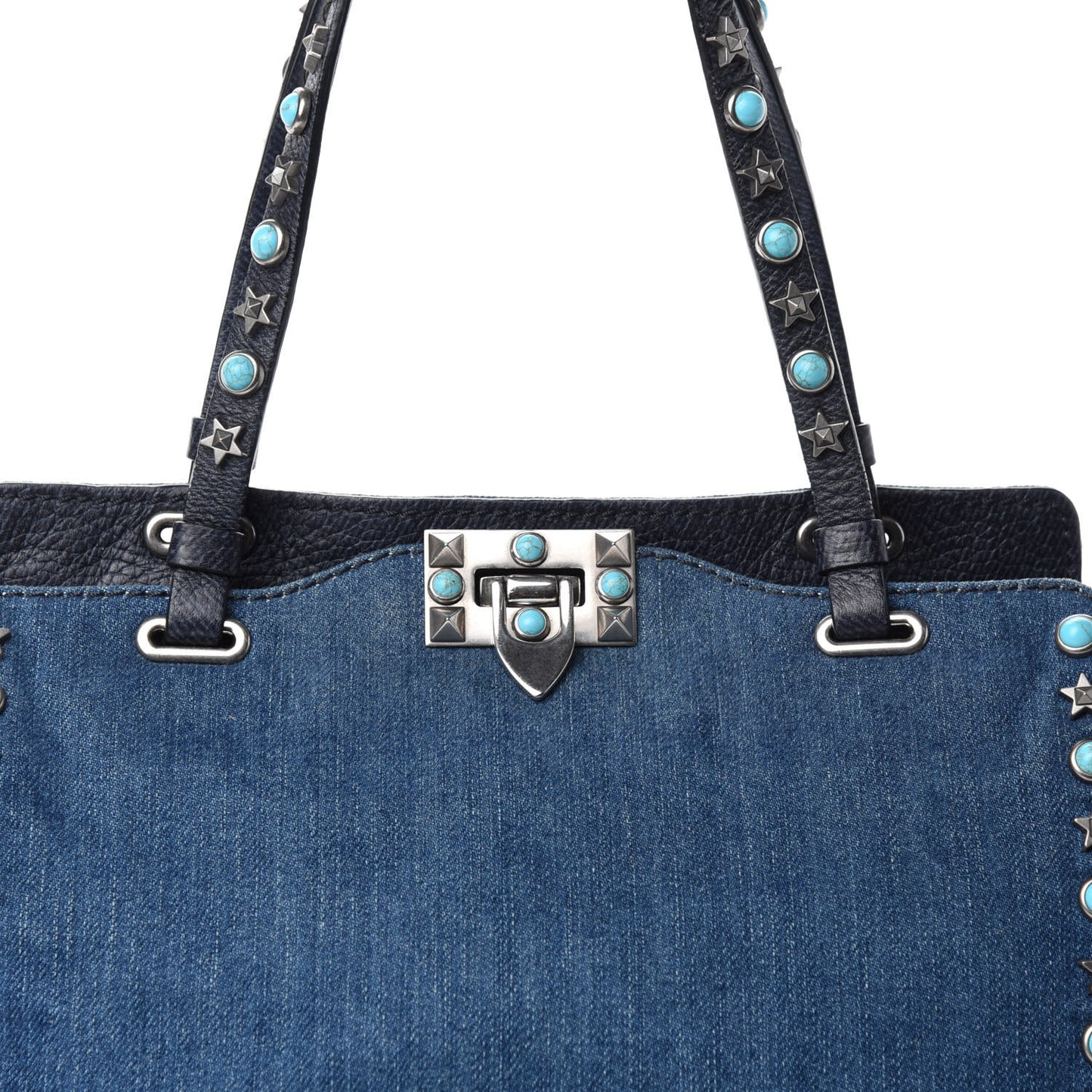 Denim Small Rockstud Rolling Tote Blue
