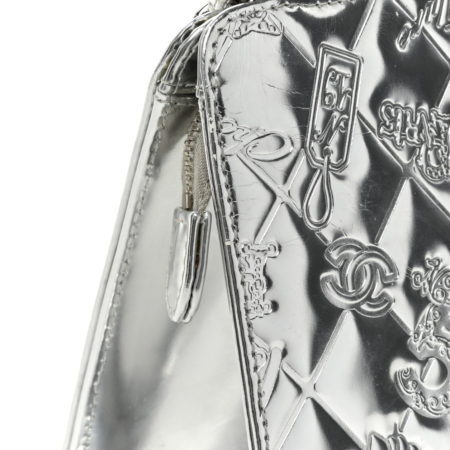 Metallic Patent Calfskin Lucky Symbols Pochette Silver