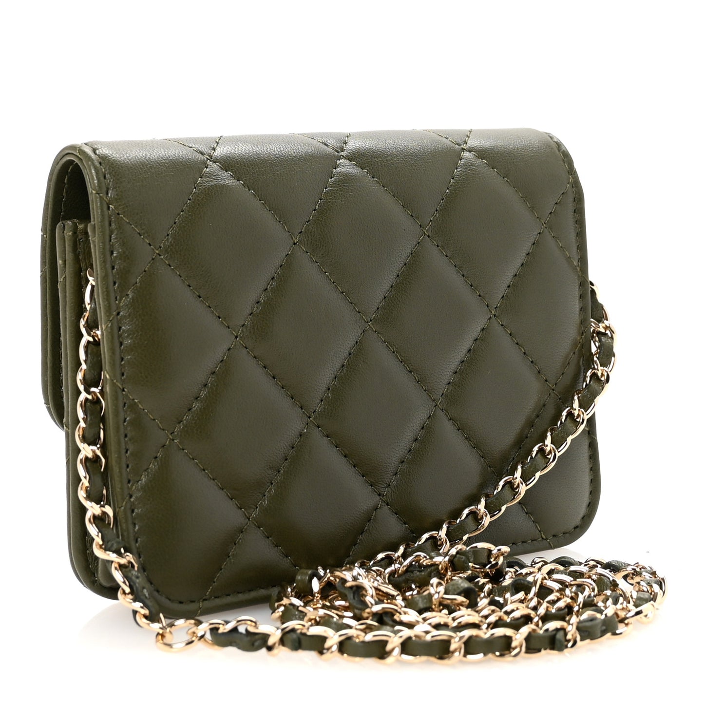 Lambskin Quilted Flap Chain Belt Bag Khaki