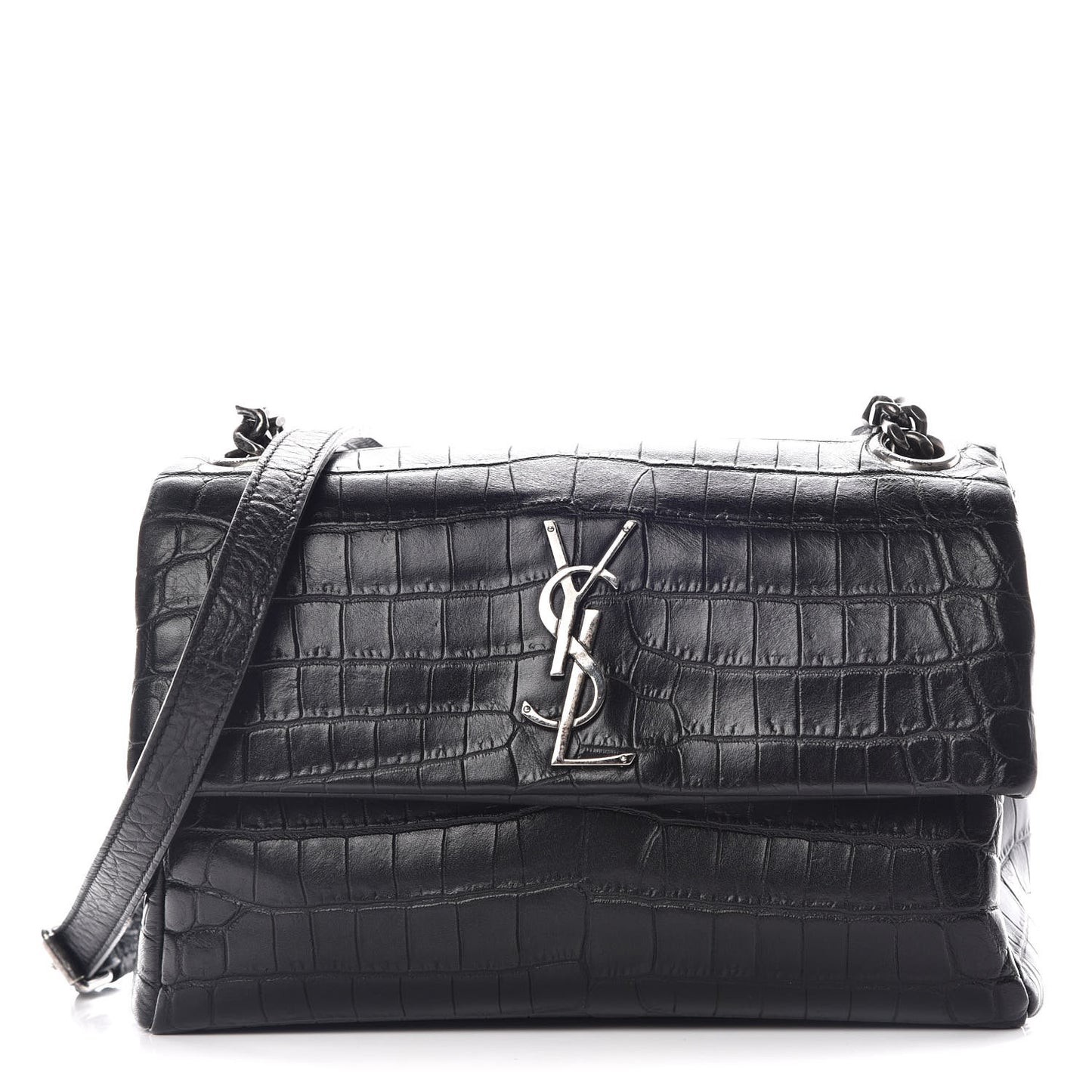 Calfskin Crocodile Embossed Small West Hollywood Monogram Fold-Over Bag Black