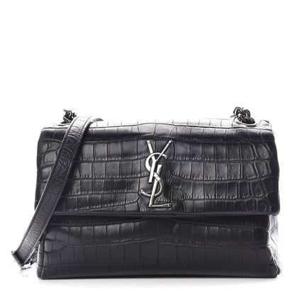Saint Laurent Calfskin Crocodile Embossed Small West Hollywood Monogram Fold-Over Bag Black 1 of 10