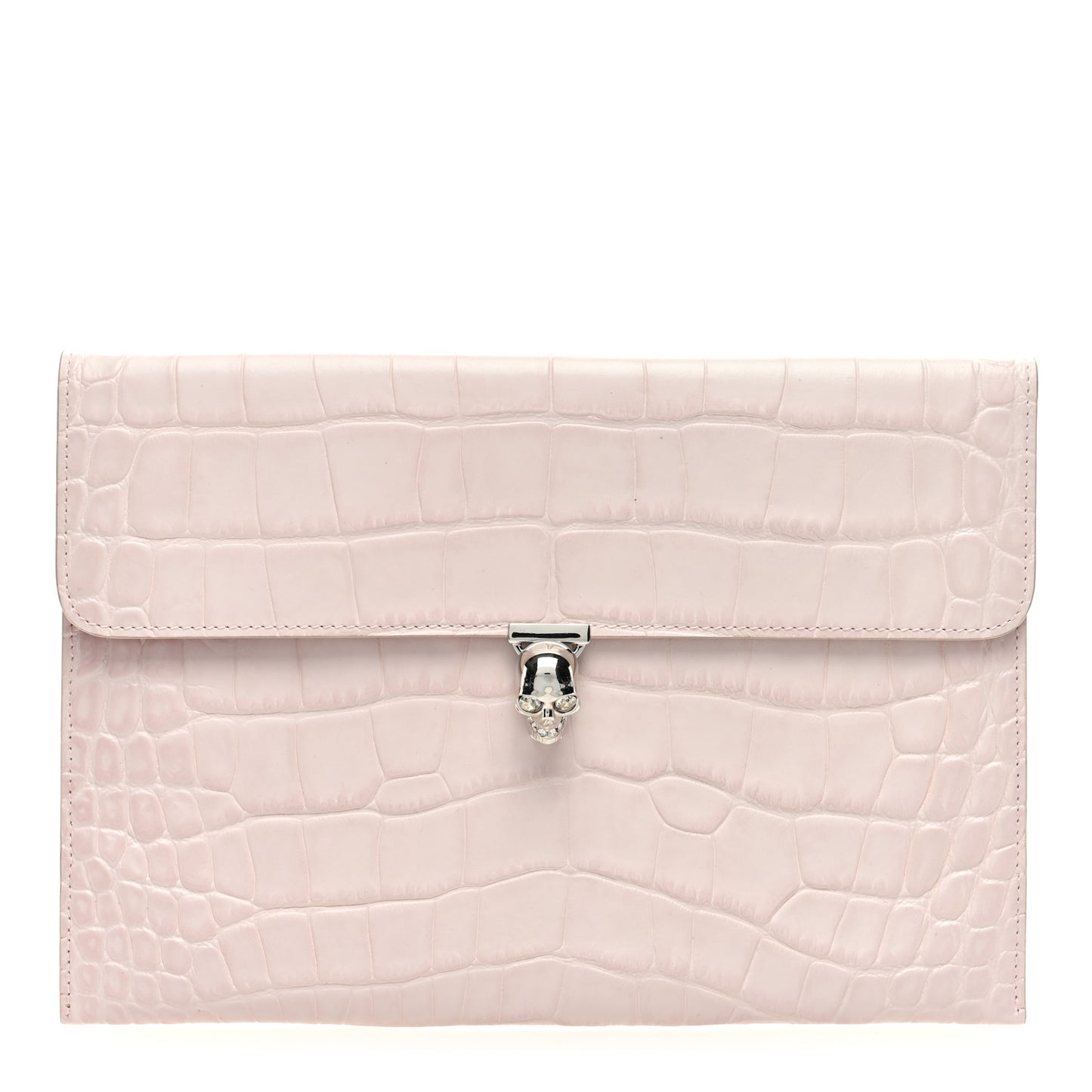 Calfskin Crocodile Embossed Skull Envelope Clutch Pink