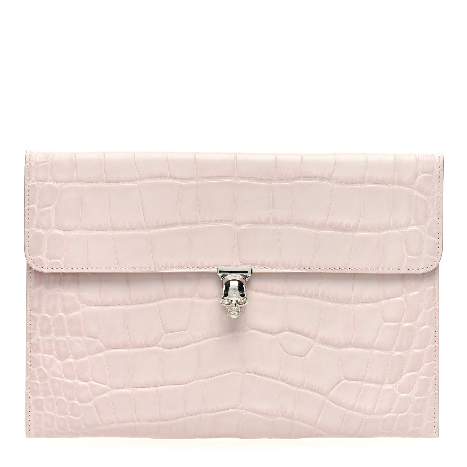 Alexander McQueen Calfskin Crocodile Embossed Skull Envelope Clutch Pink 1 of 7