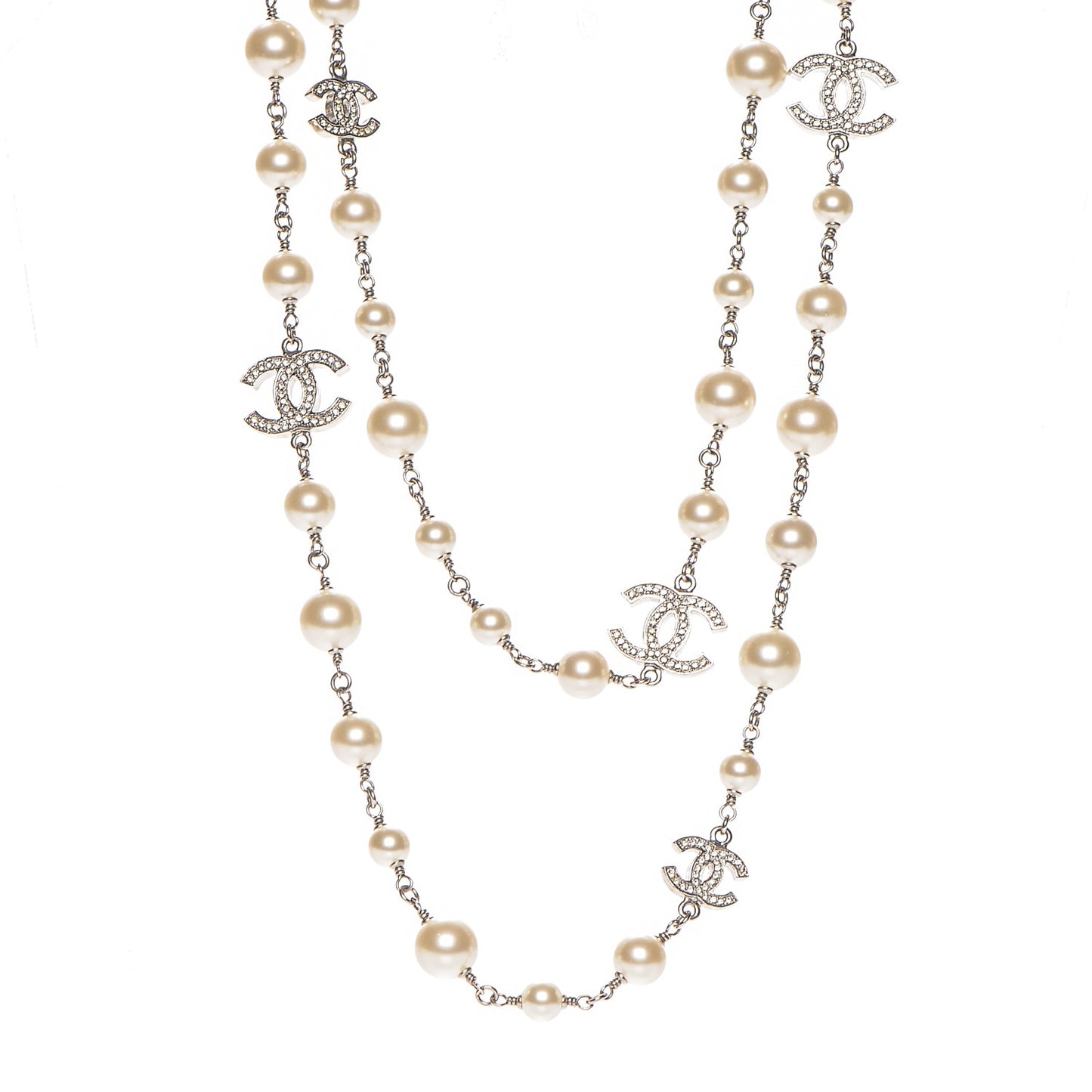 Crystal Pearl CC Long Necklace Silver