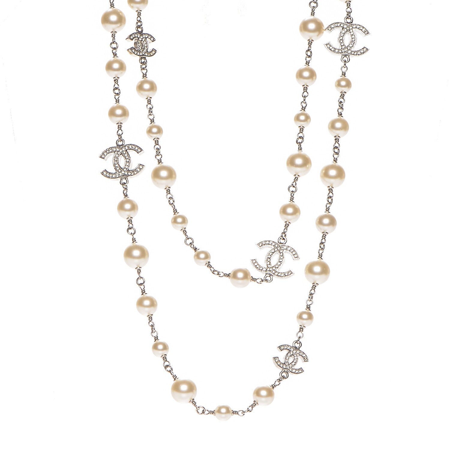 Chanel Crystal Pearl CC Long Necklace Silver 1 of 6