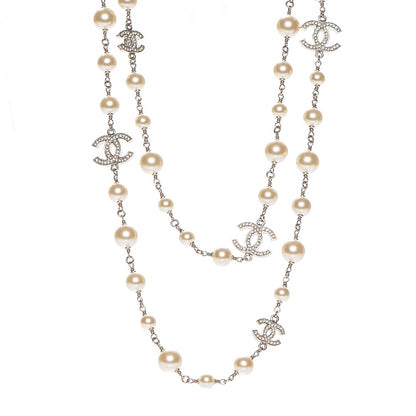 Chanel Crystal Pearl CC Long Necklace Silver 1 of 6