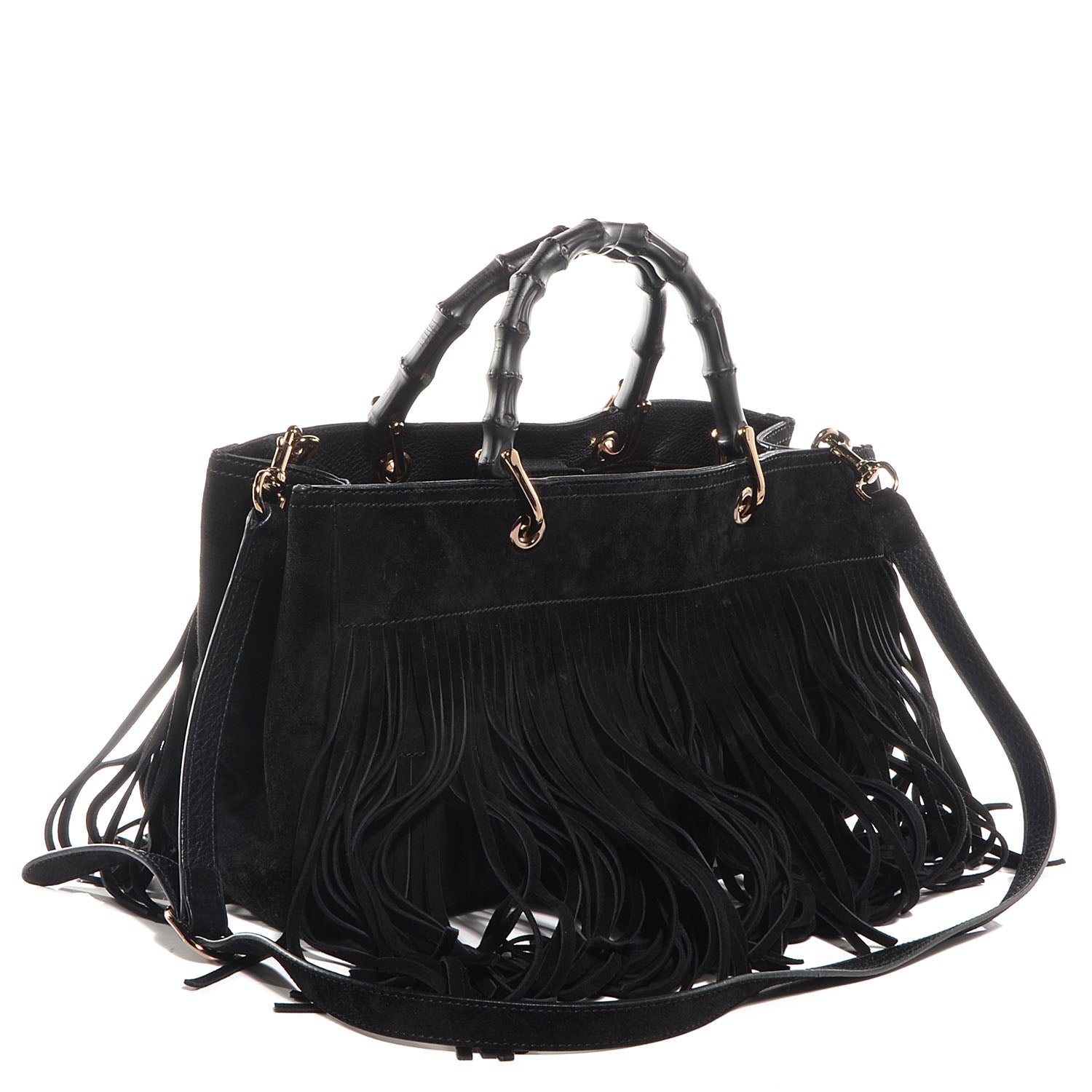 Gucci Suede Bamboo Fringe Medium Shopper Tote Black 3 of 8