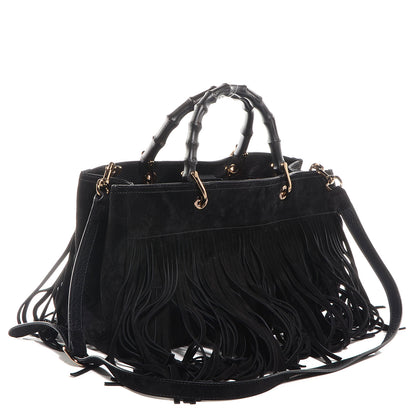 Gucci Suede Bamboo Fringe Medium Shopper Tote Black 3 of 8