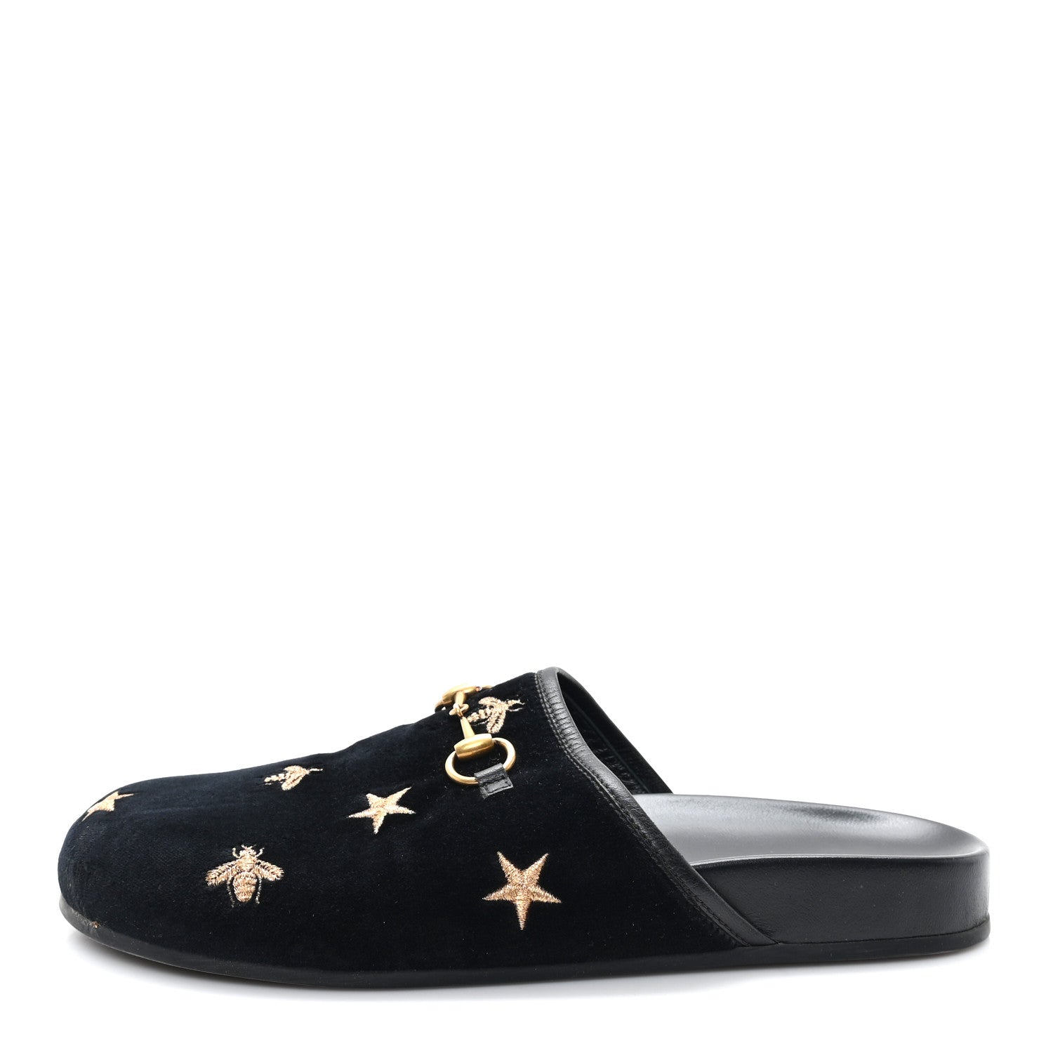 Gucci Softy Velvet Malaga Kid Bee Star Embroidered Womens Horsebit River Slippers 38.5 Black 1 of 9
