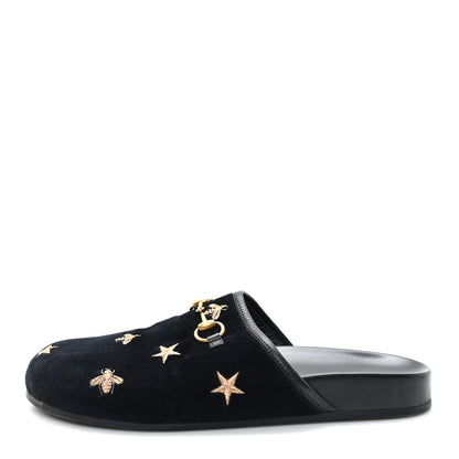 Gucci Softy Velvet Malaga Kid Bee Star Embroidered Womens Horsebit River Slippers 38.5 Black 1 of 9
