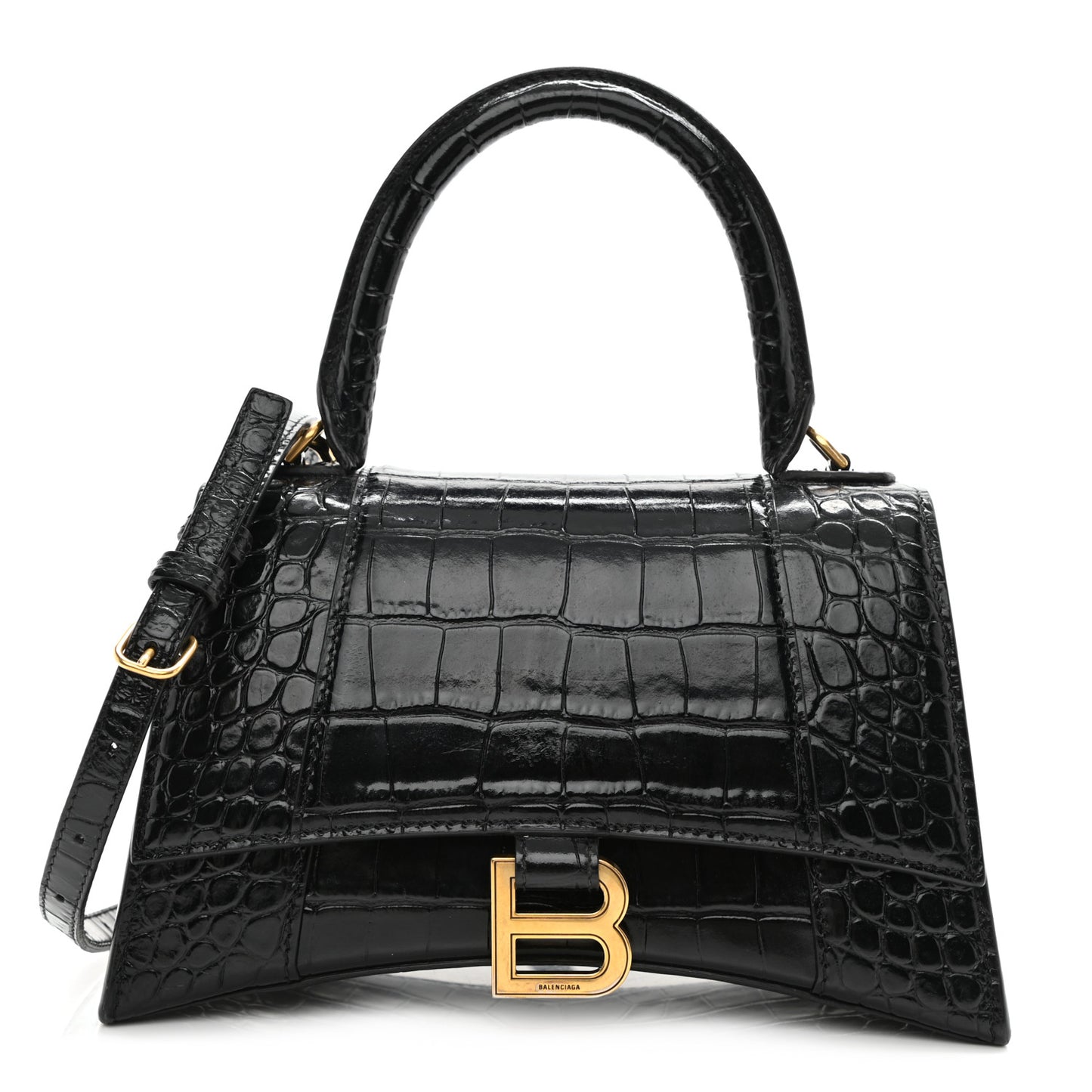 Shiny Calfskin Crocodile Embossed Small Hourglass Top Handle Bag Black