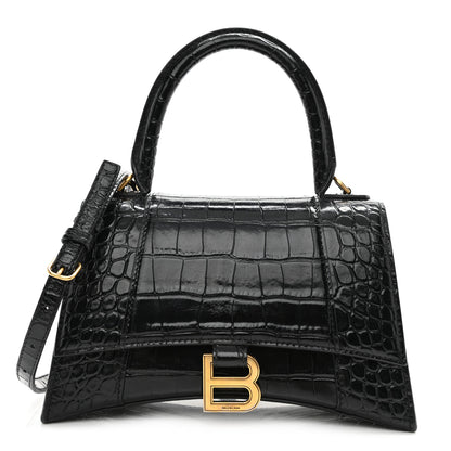 Balenciaga Shiny Calfskin Crocodile Embossed Small Hourglass Top Handle Bag Black 1 of 9