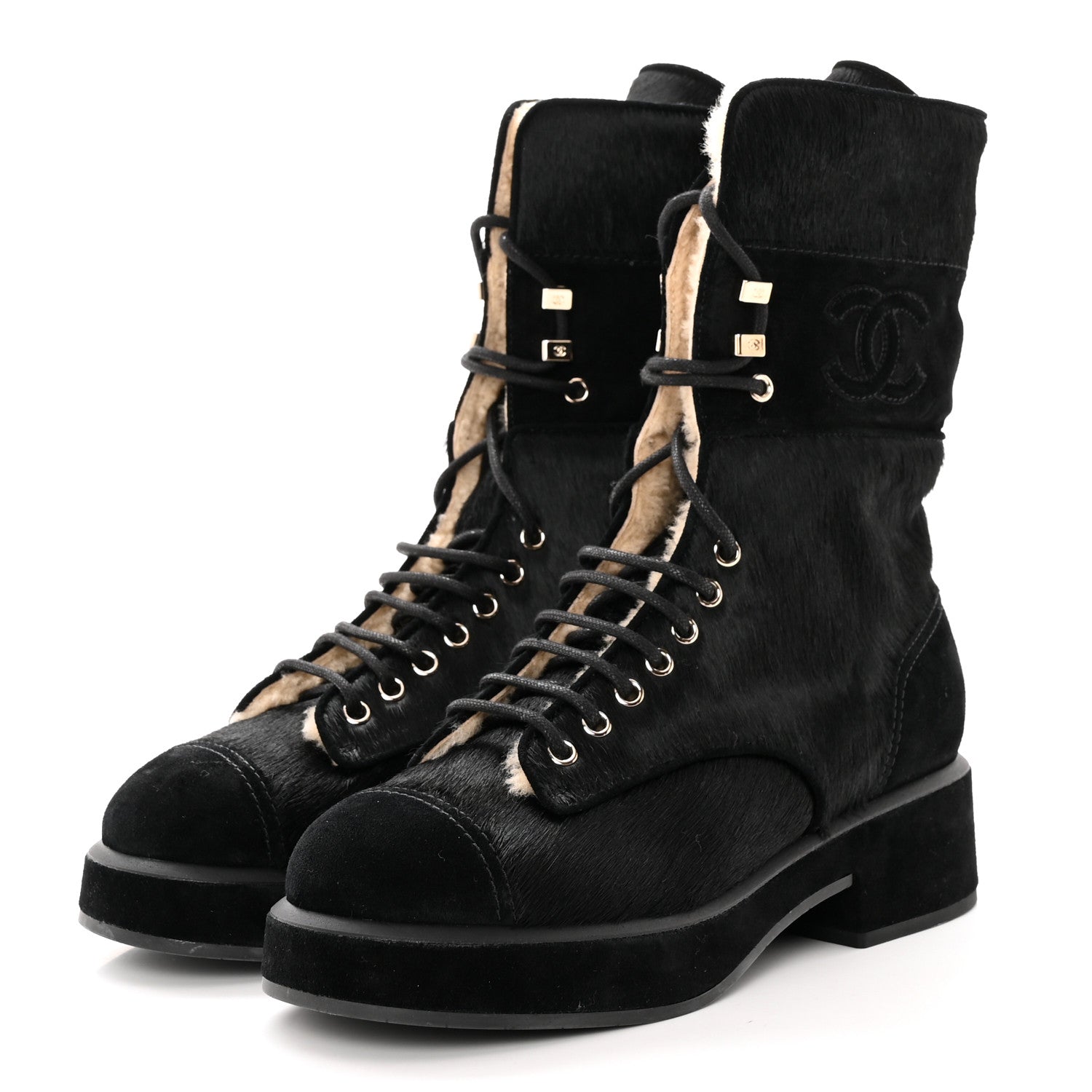 Chanel Suede Pony Hair Shearling Lace Up Combat Boots 38.5 Black White 3 of 11