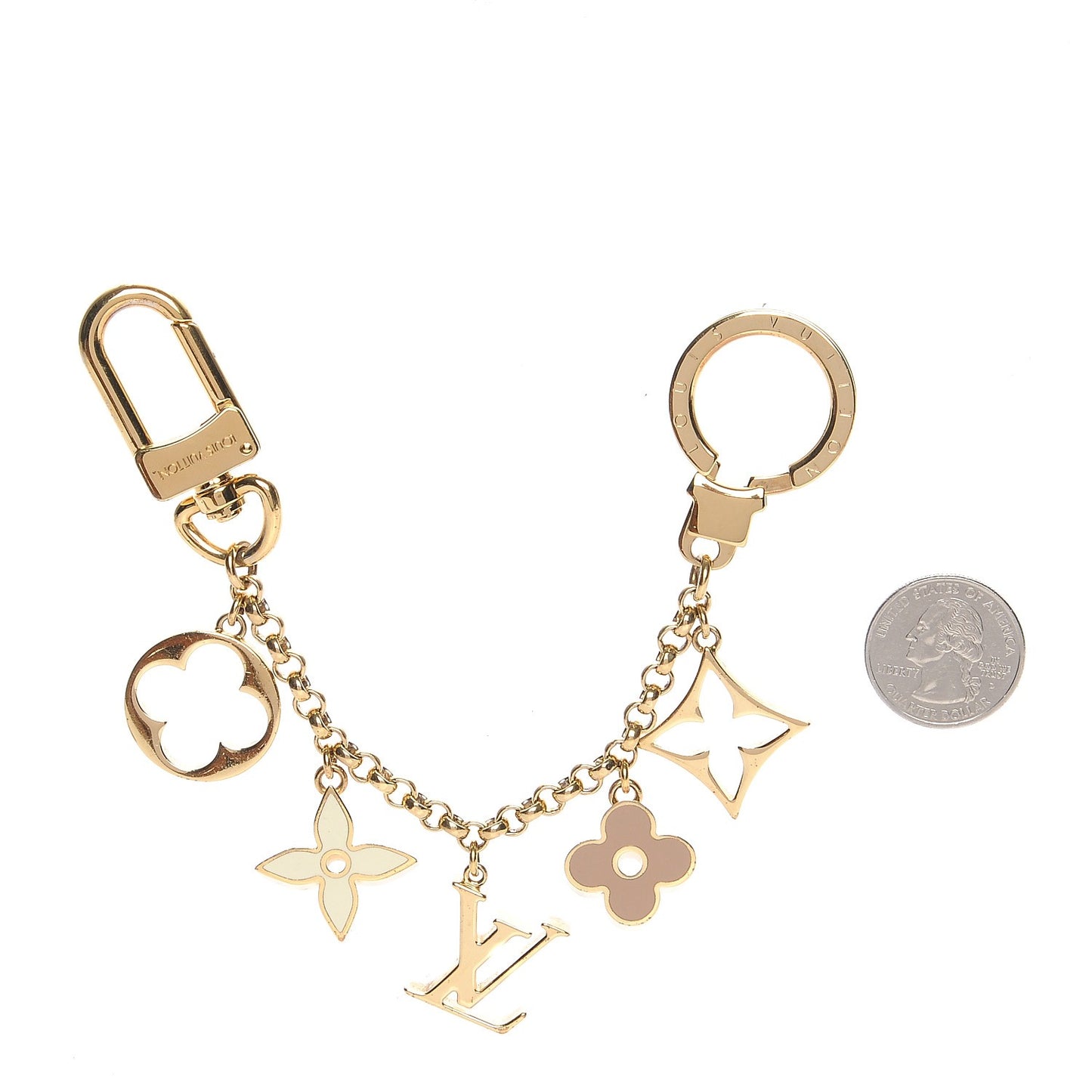 Brass Enamel Fleur De Monogram Bag Charm Chain Gold