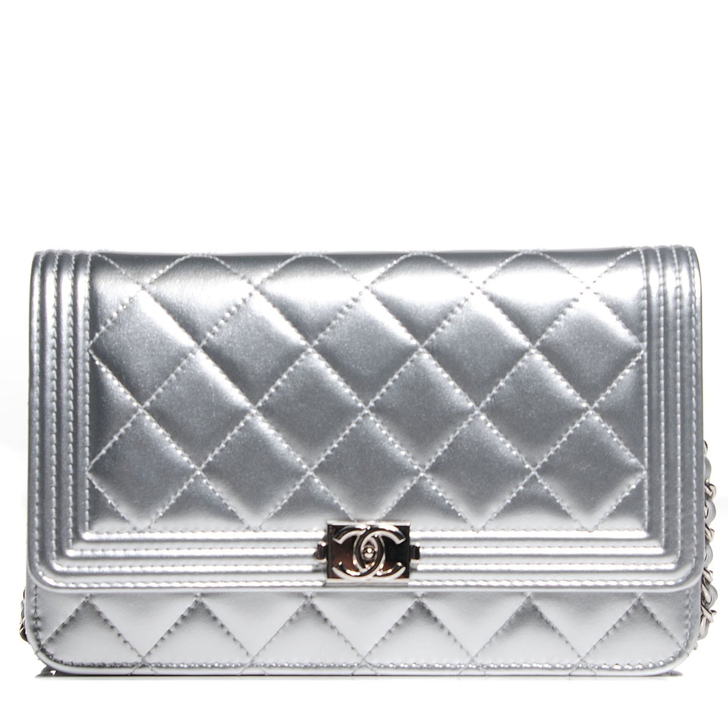 Metallic Patent Calfskin Quilted Boy Wallet on Chain WOC Silver