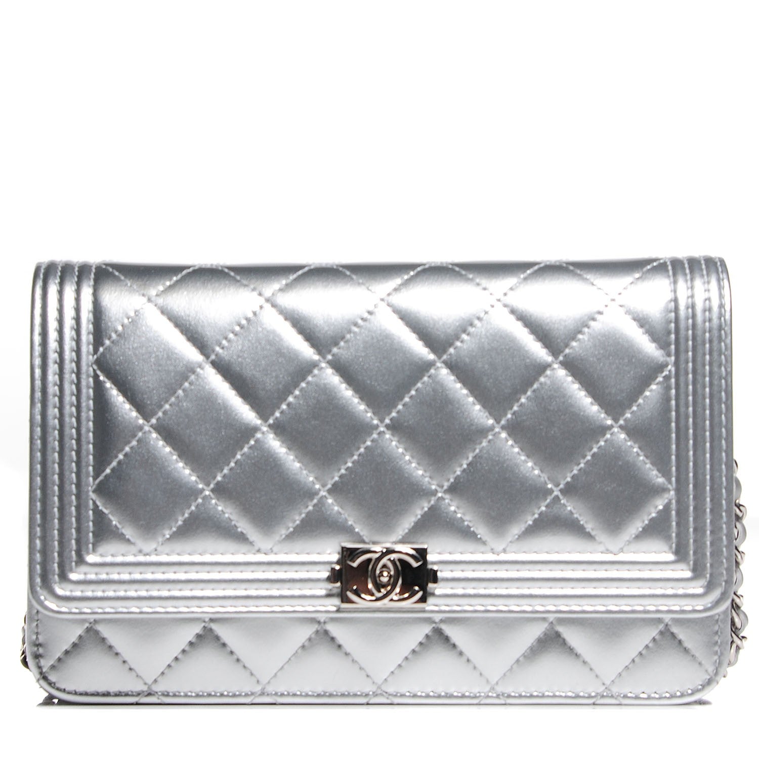 Chanel Metallic Patent Calfskin Quilted Boy Wallet on Chain WOC Silver 1 of 8