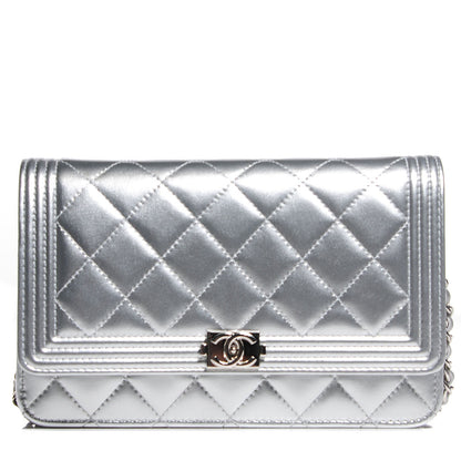 Chanel Metallic Patent Calfskin Quilted Boy Wallet on Chain WOC Silver 1 of 8