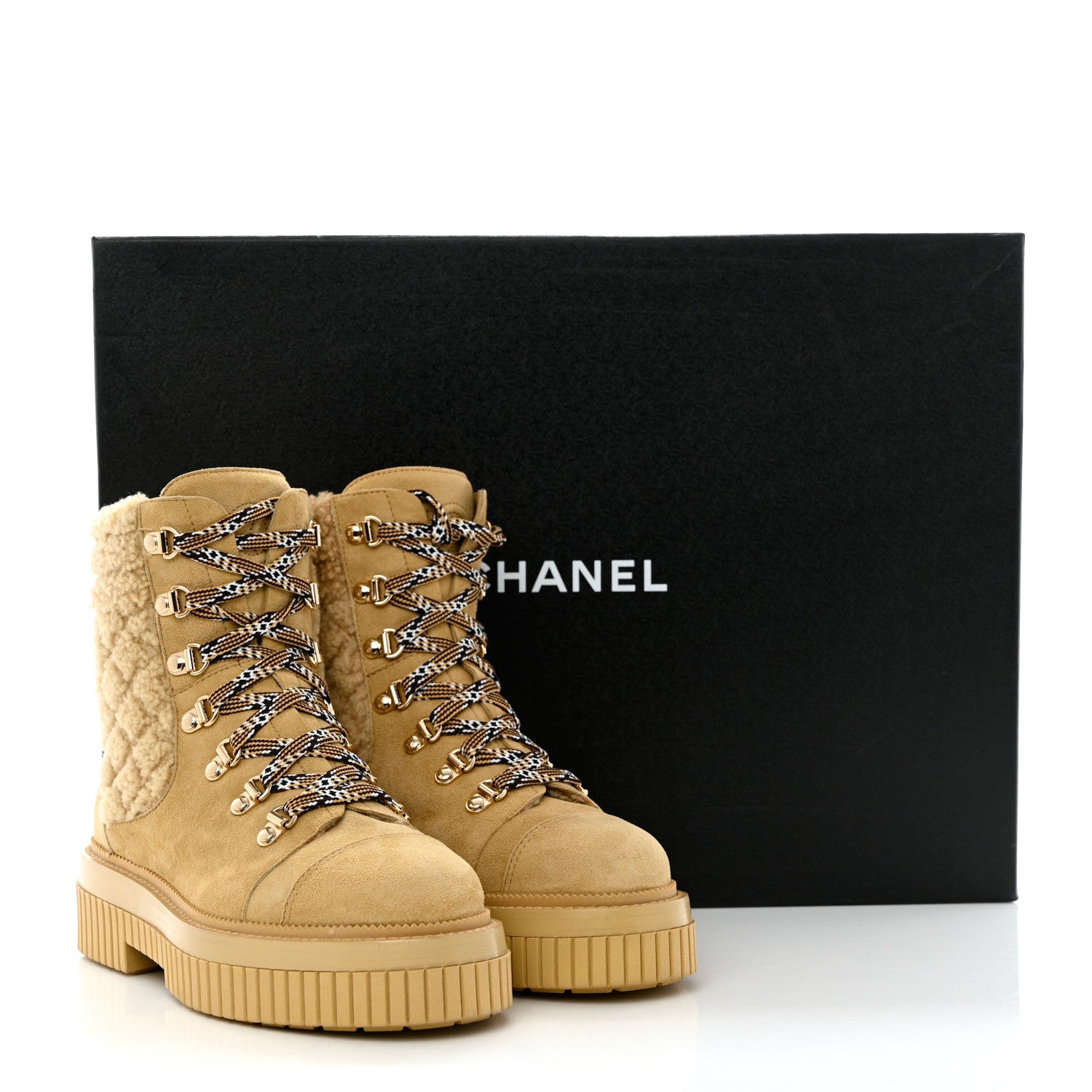 Chanel Suede Shearling Quilted CC Combat Boots 36 Beige 9 of 9