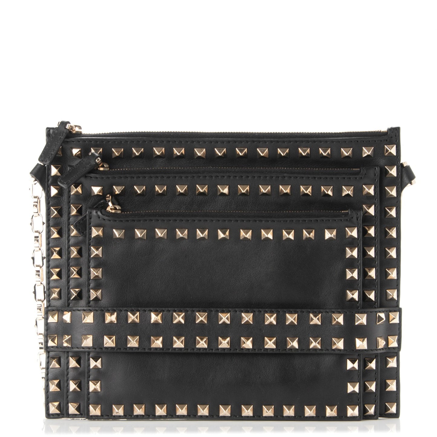 Vitello Rockstud Triple Zip Crossbody Bag Black