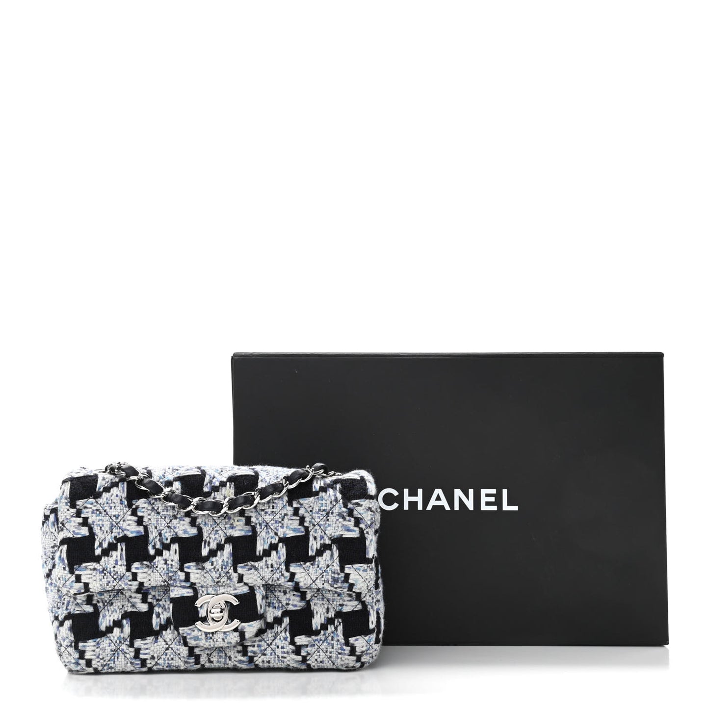 Tweed Quilted Mini Rectangular Flap Black White Light Blue