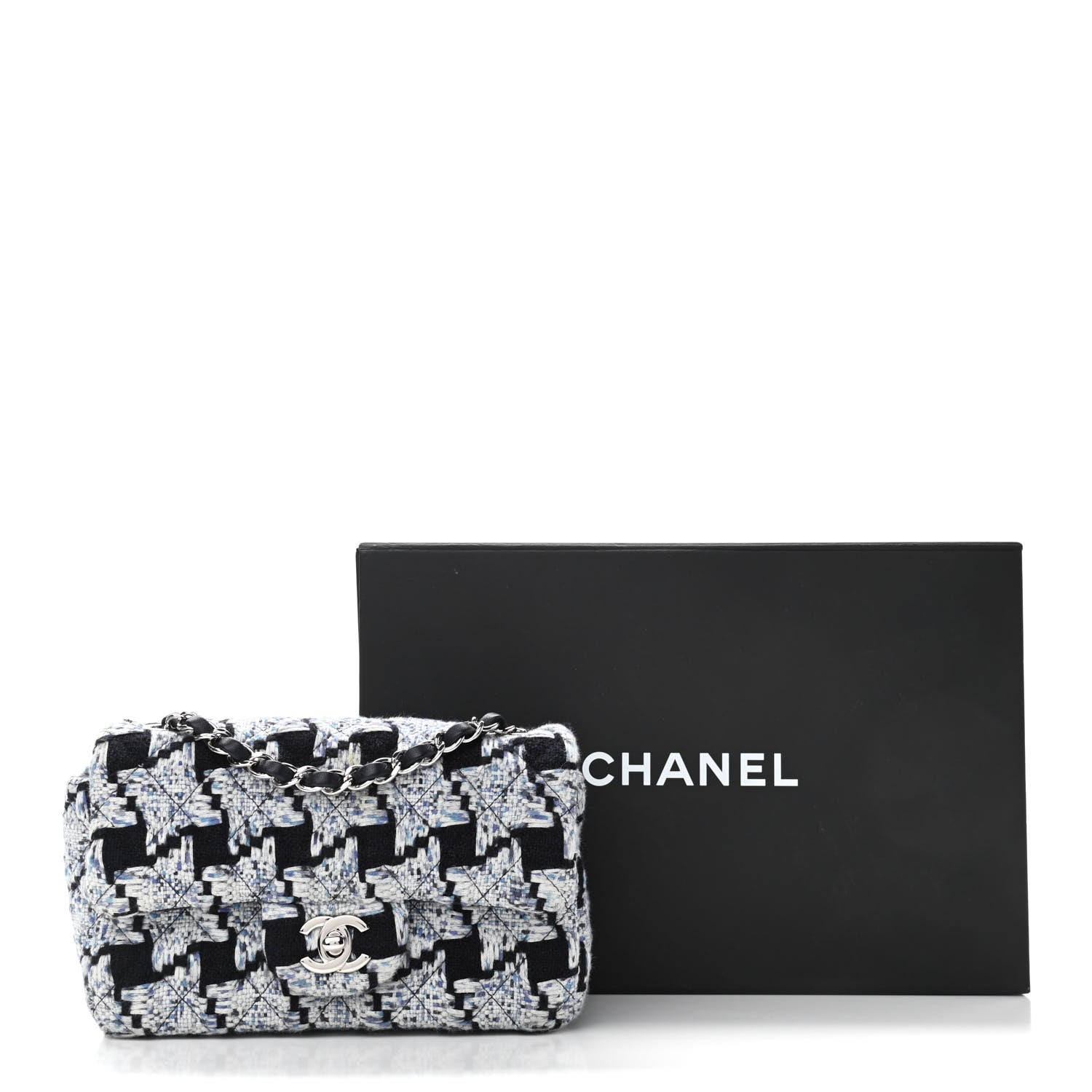 Chanel Tweed Quilted Mini Rectangular Flap Black White Light Blue 11 of 11