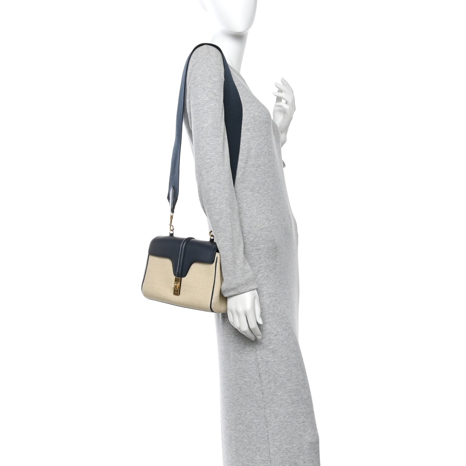 Celine Canvas Calfskin Teen Soft 16 Shoulder Bag Vanilla Navy 2 of 14