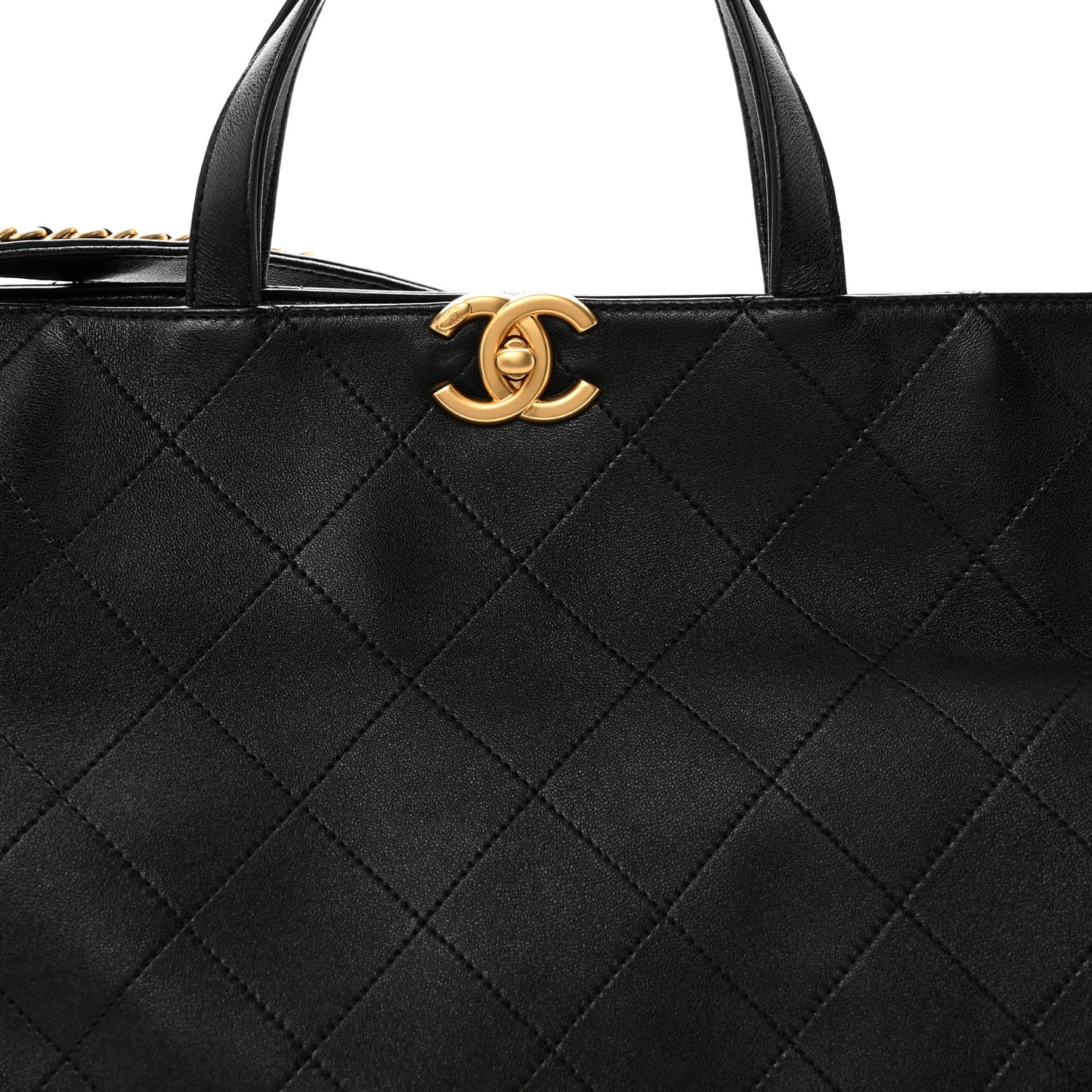 Shiny Lambskin Quilted Chain Around Shopping Tote Black