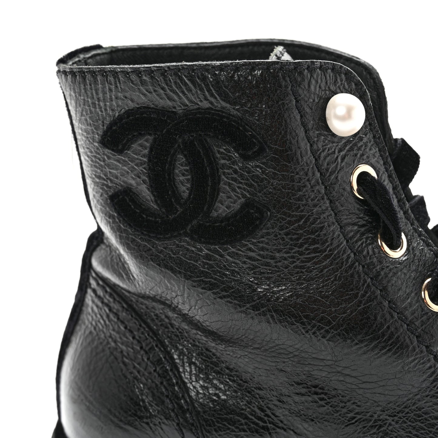 Shiny Calfskin Velvet Pearl Combat Short Boots 40 Black
