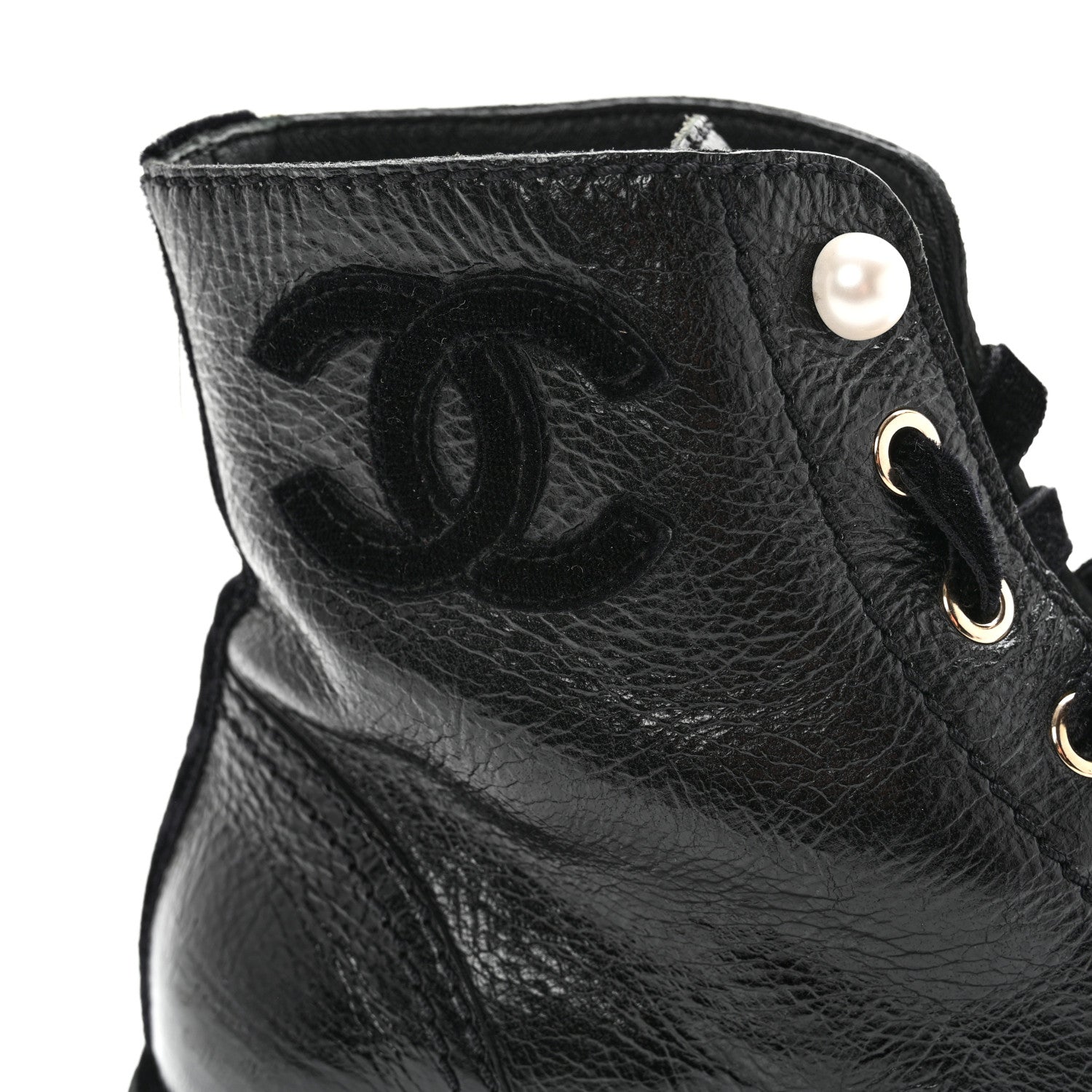 Chanel Shiny Calfskin Velvet Pearl Combat Short Boots 40 Black 9 of 13