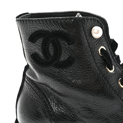 Chanel Shiny Calfskin Velvet Pearl Combat Short Boots 40 Black 9 of 13