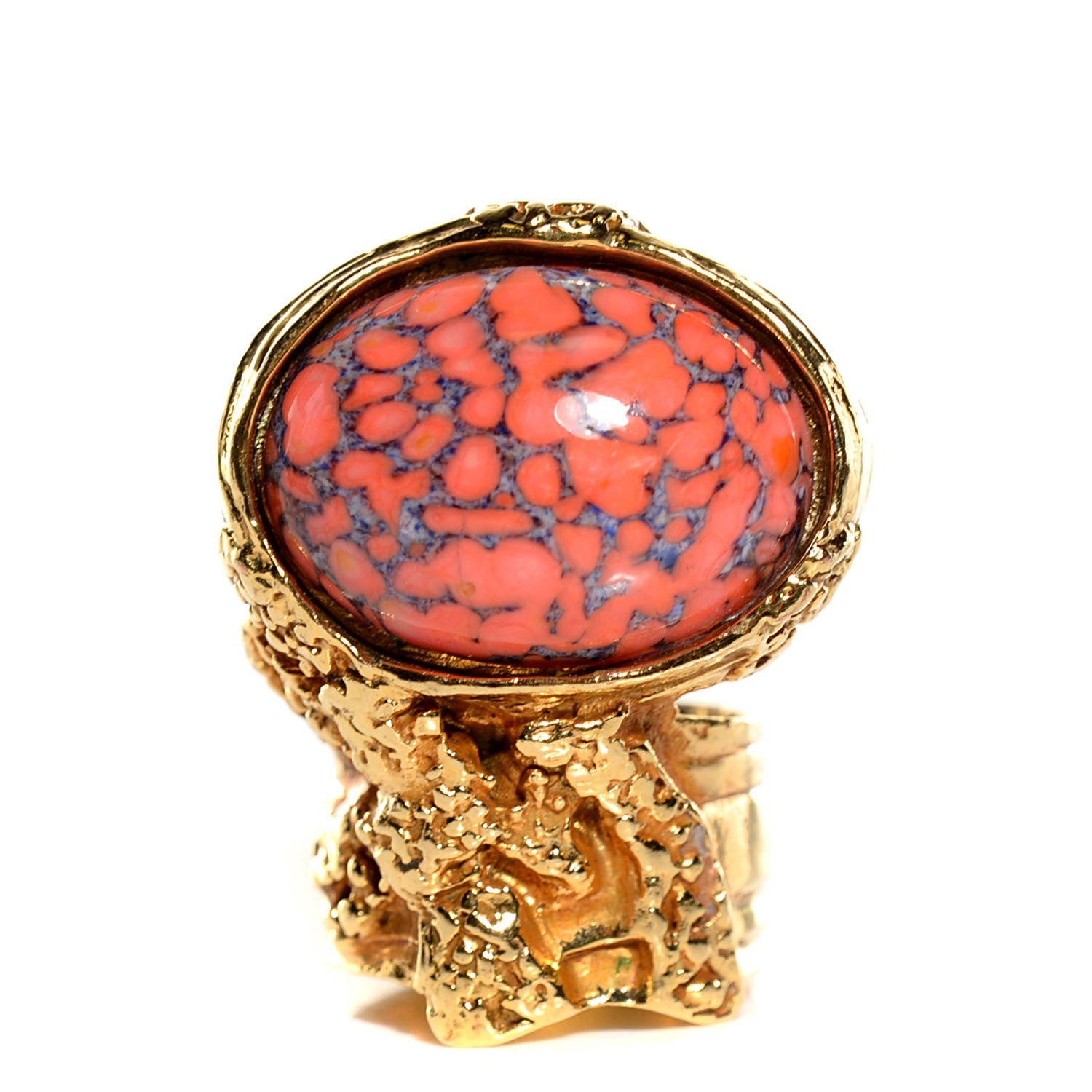 Saint Laurent Glass Cabochon Arty Ovale Ring 6 Gold Coral 1 of 4