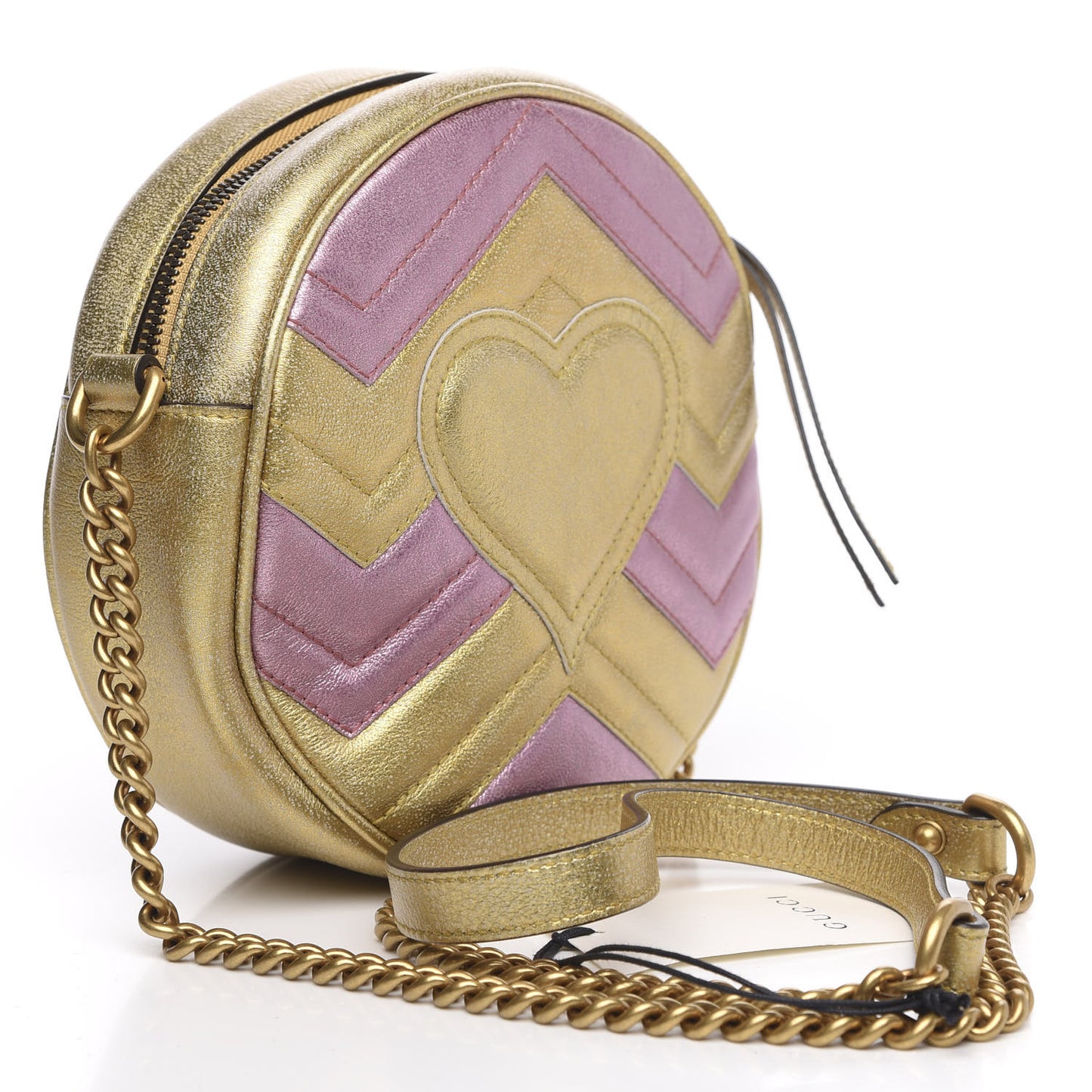 Metallic Nappa Matelasse Heart Mini GG Marmont Round Shoulder Bag Oro Vecchio Rosa