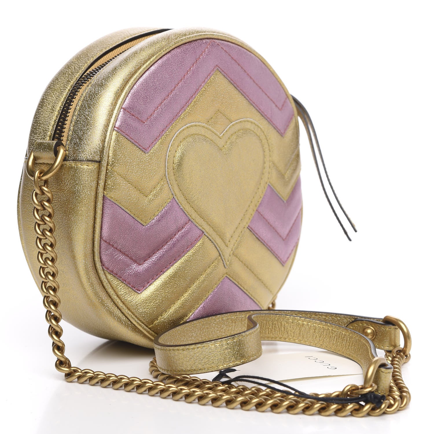 Gucci Metallic Nappa Matelasse Heart Mini GG Marmont Round Shoulder Bag Oro Vecchio Rosa 3 of 10