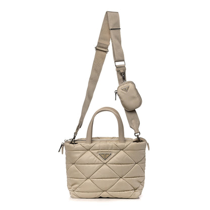 Prada Re-Nylon Nappa Triangle Quilted Padded Double Handled Zip Pocket Tote Deserto 1 of 14