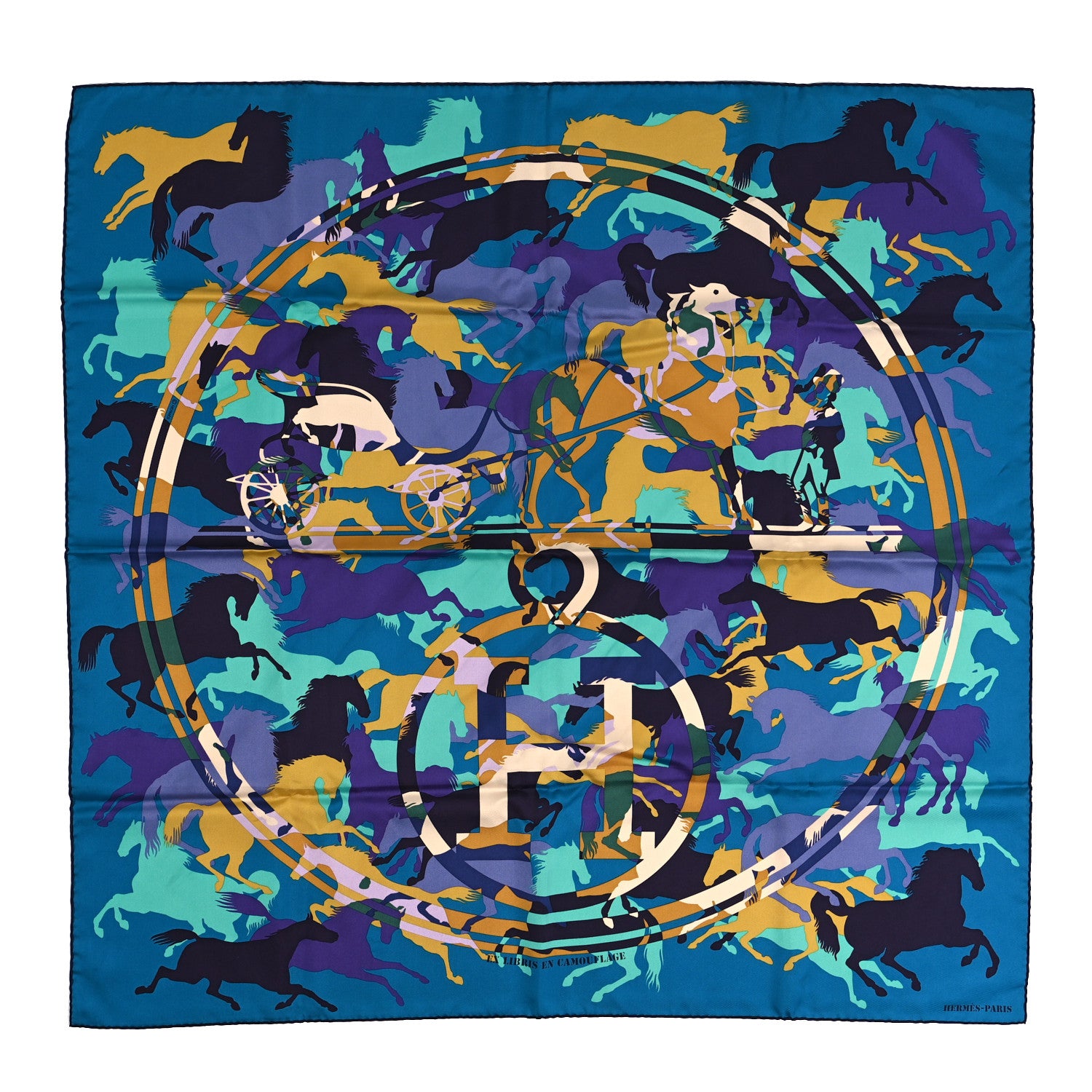 Hermes Silk Ex Libris En Camouflage Scarf 90 Canard Turquoise Violet 1 of 5