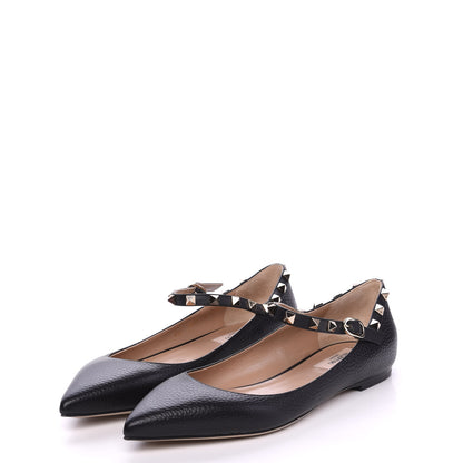 Valentino Garavani Pebbled Calfskin Rockstud Ankle Strap Ballerina Flats 39.5 Black 2 of 9
